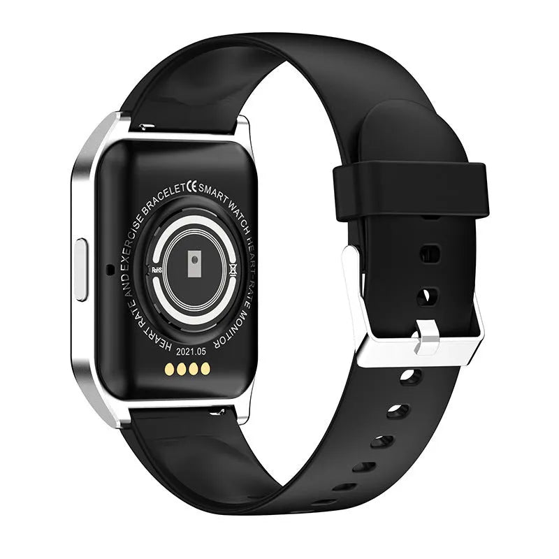 Black smart watch with 1.69-inch touchscreen and silicone strap showing call and music interface