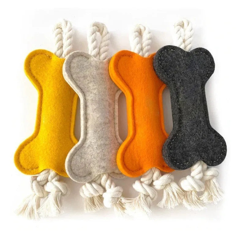 Bone-shaped dog training toy with rope knot texture in blue colour showing 16cm length