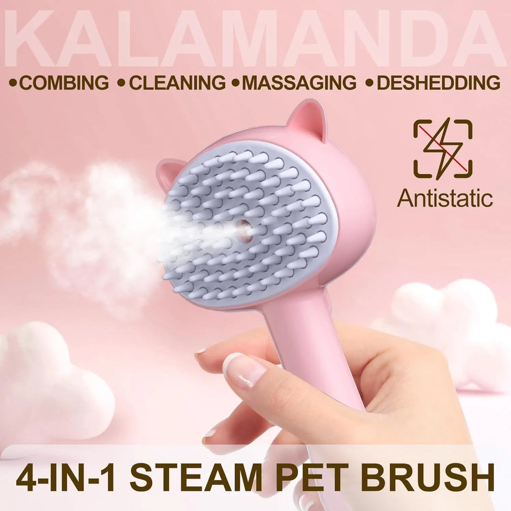 Blue cat ear-shaped steam brush with rubber bristles and release button for pet grooming