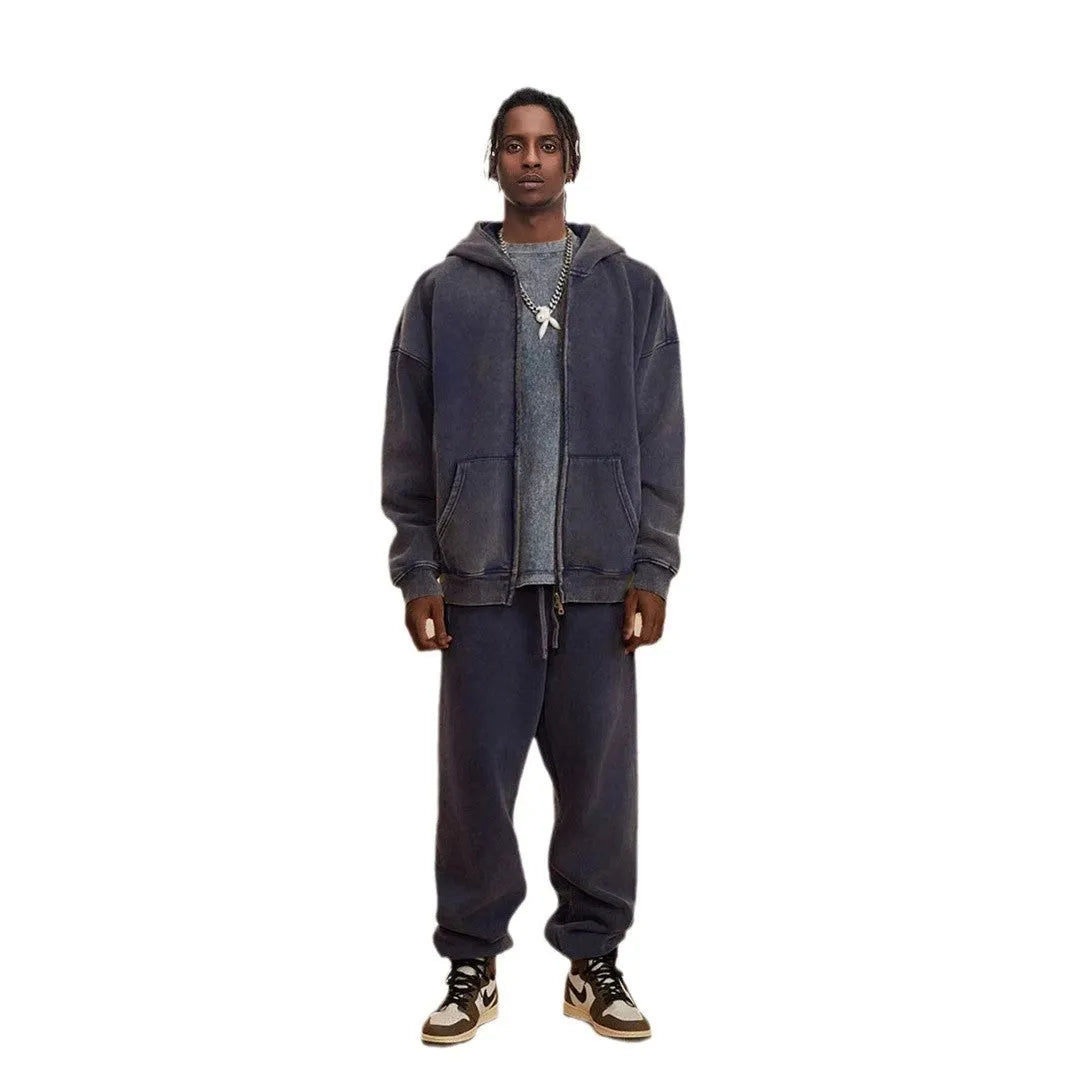 Men's washed hooded cardigan in dark green with fleece lining and double zipper