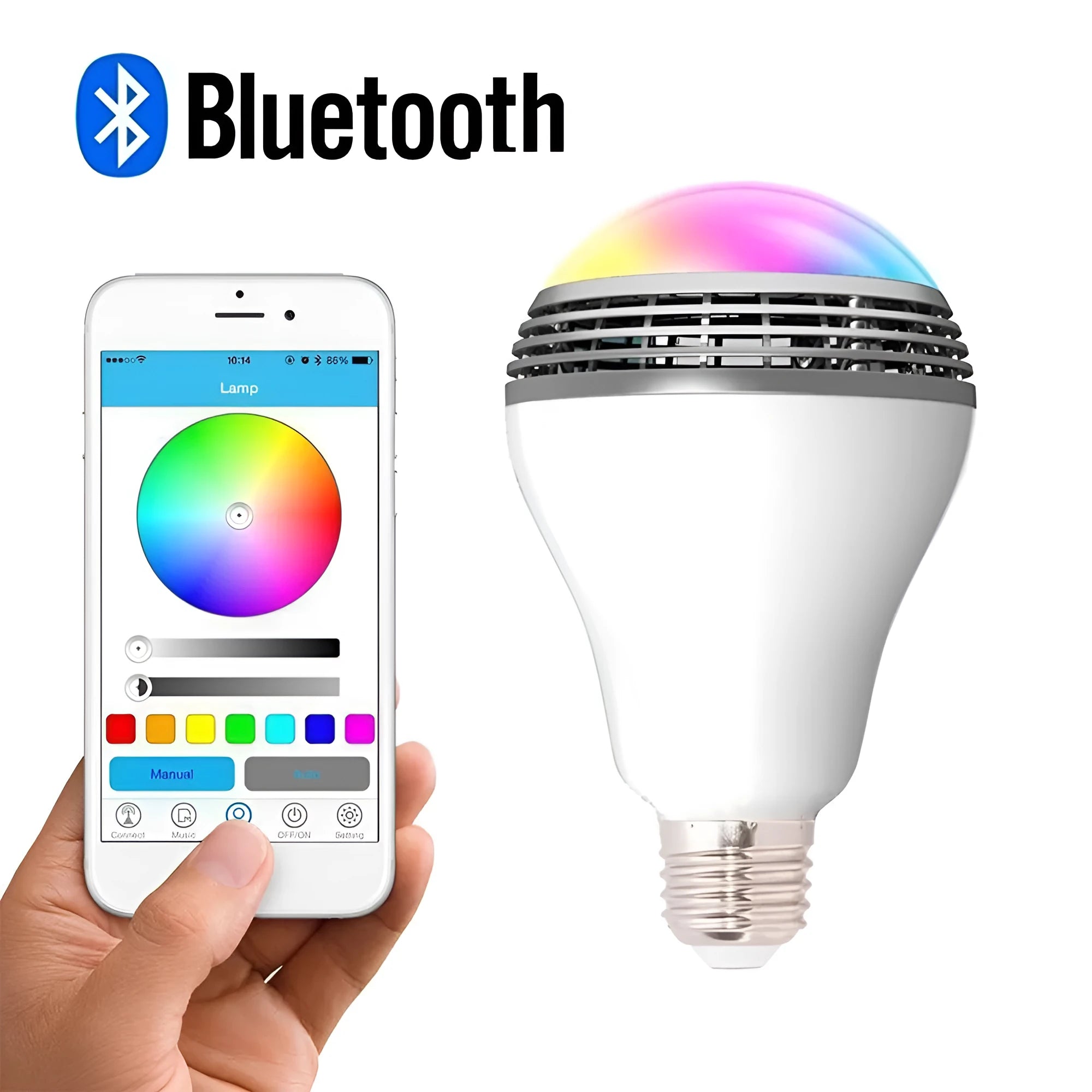 White E27 smart bulb with Bluetooth speaker and LED lights, 100mm diameter.