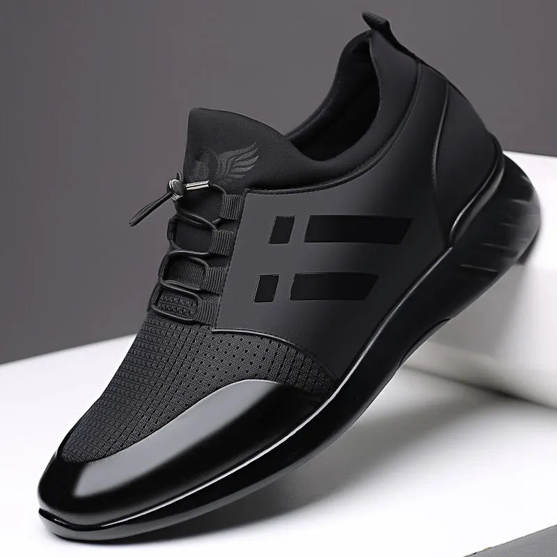 Men's black height increasing casual shoes with 8cm lift in leather, mesh, and Lycra upper options