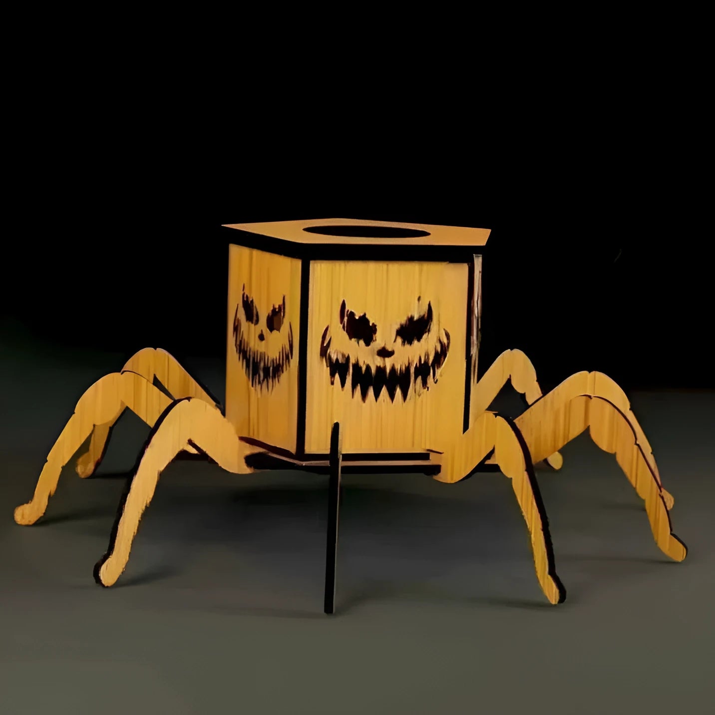 Wooden spider lantern Halloween candlestick decoration measuring 21cm by 8.5cm