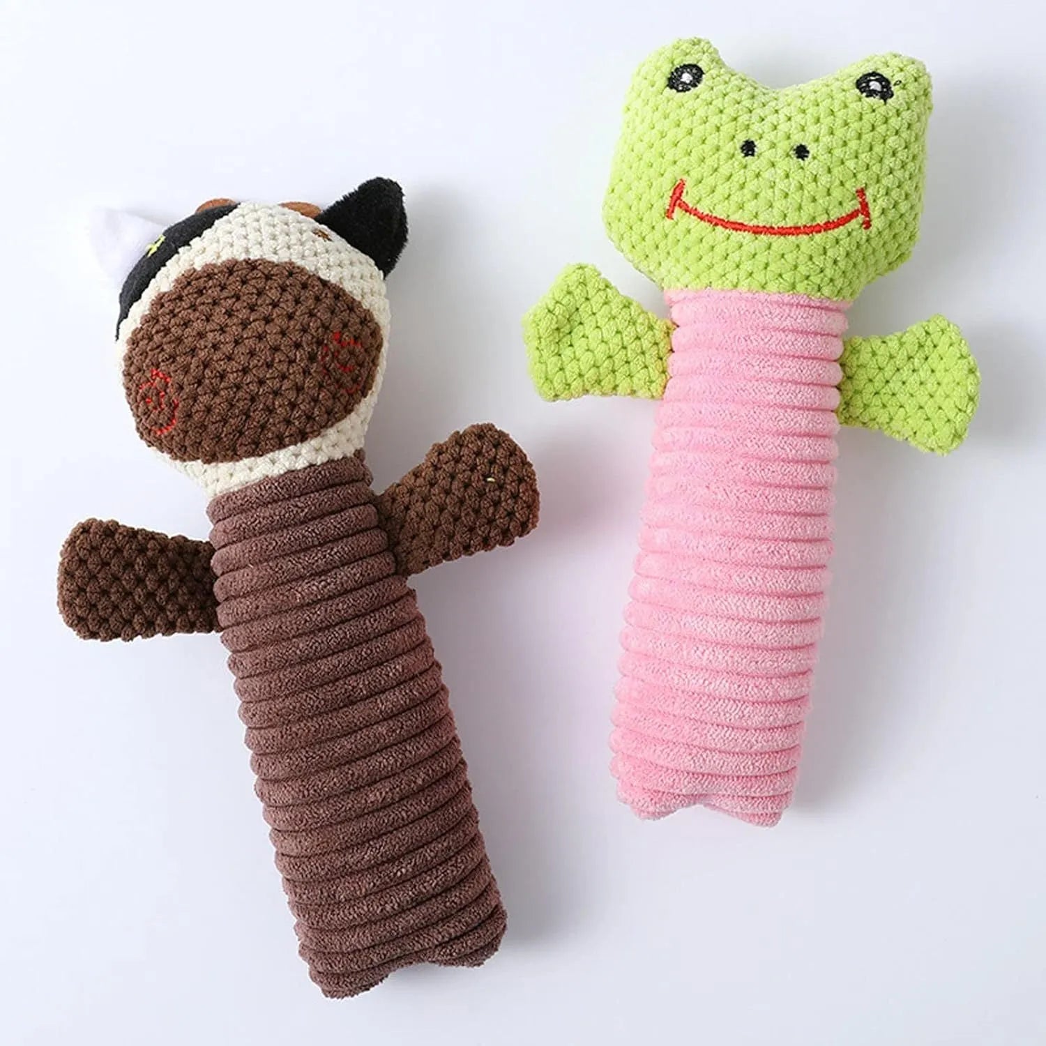 Squeaky stuffed animal dog chew toys in calf, frog and puppy designs measuring 19cm