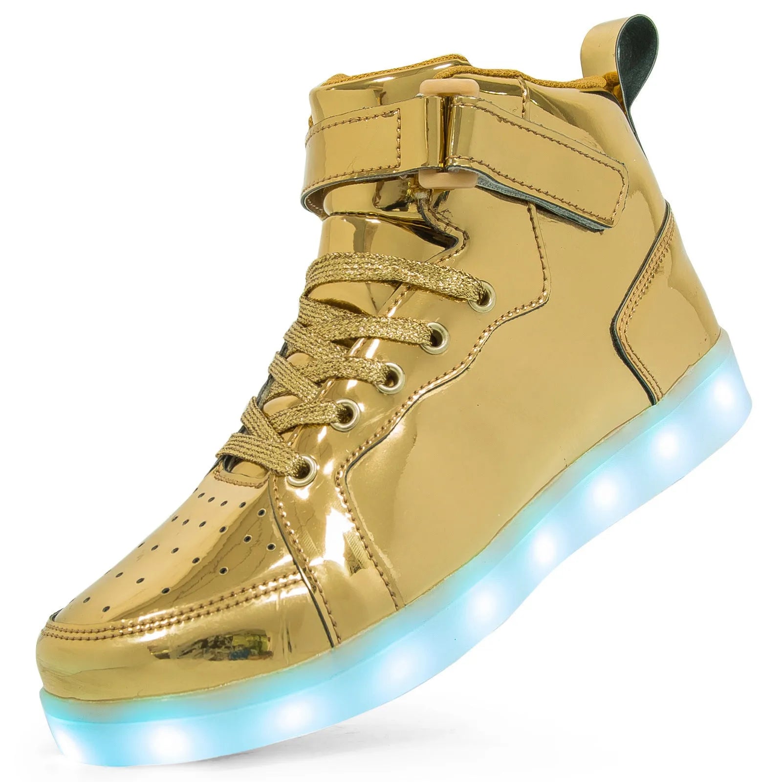 LED light-up high-top sneakers in black with velcro strap and glowing soles.