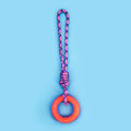 Blue braided rope dog toy with knots for tugging and chewing by a medium-sized dog