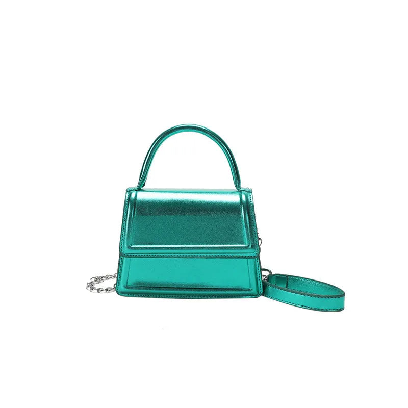 Retro square-shaped PU crossbody bag in a choice of six colours on a model.