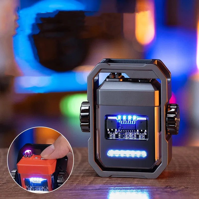 Blue windproof electric plasma lighter with a spinning metal gyroscope, shown folded and unfolded.