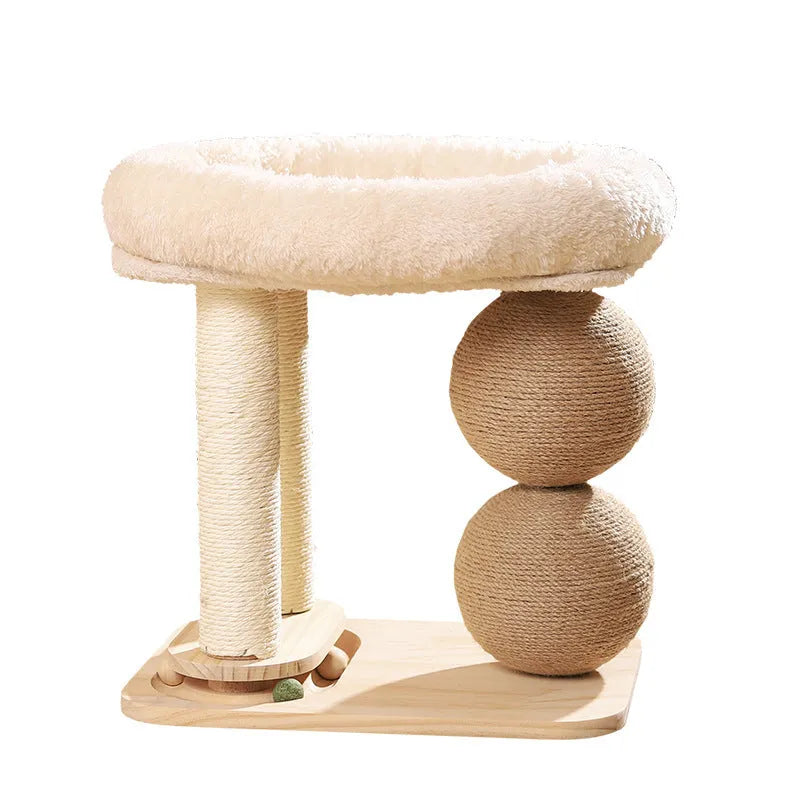 Pine wood cat nest with cat grasping balls in sisal, summer mat, or double ball chamfer styles.