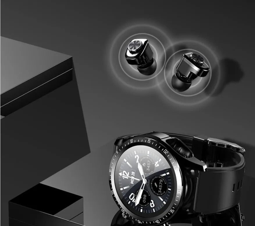 Black smartwatch with blood pressure monitoring on silicone strap showing health metrics on screen