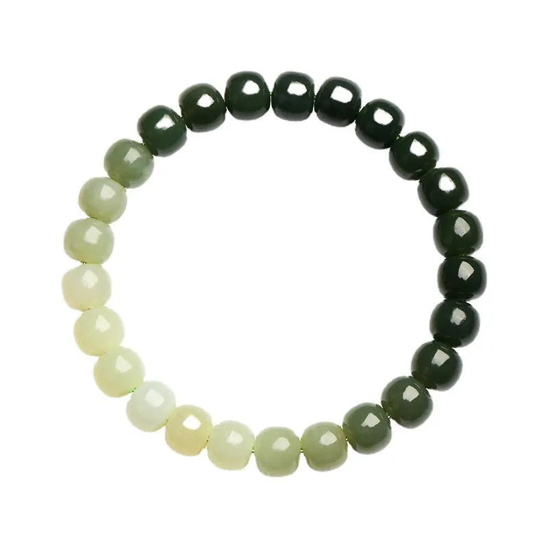 Natural Hetian Jade bracelet with water gradient colour and polished beads in unisex casual style.