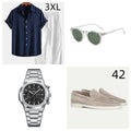 Man wearing a casual navy blue short sleeve shirt and matching shorts cotton linen beachwear suit set.