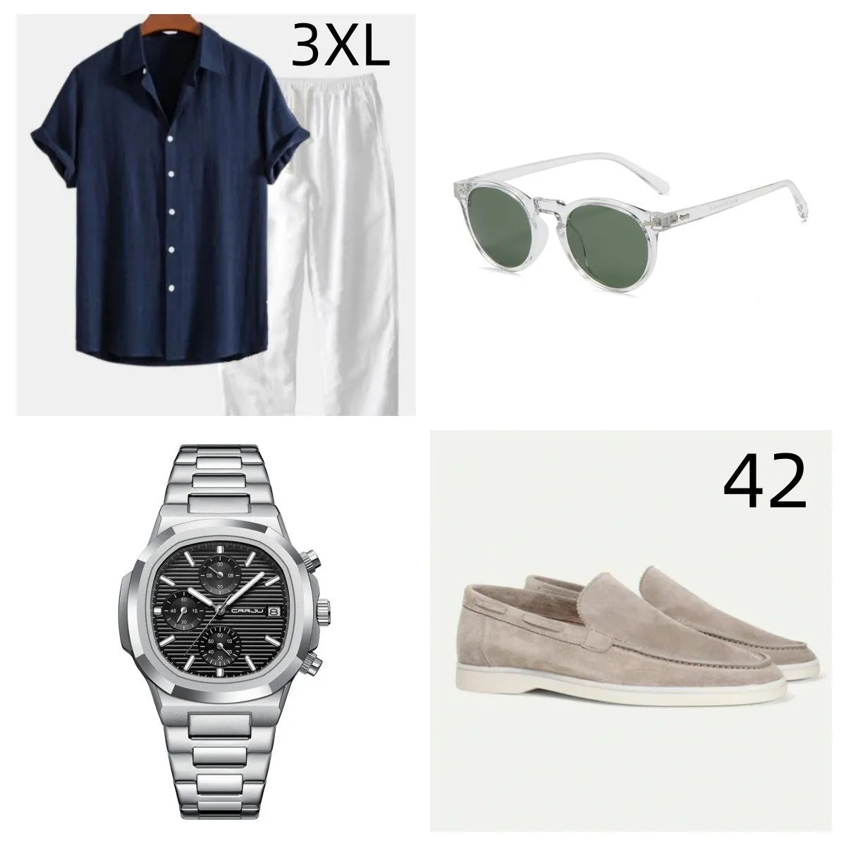 Man wearing a casual navy blue short sleeve shirt and matching shorts cotton linen beachwear suit set.