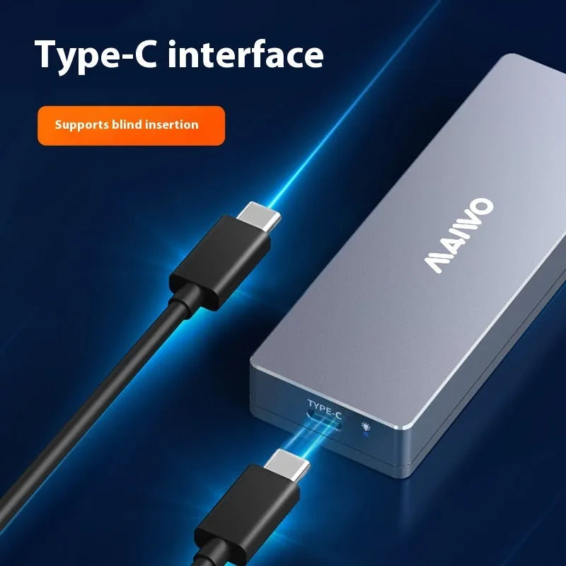 Type-C M.2 solid-state hard drive enclosure kit with aluminium case, screwdriver, screws, silicone pad, and cable.