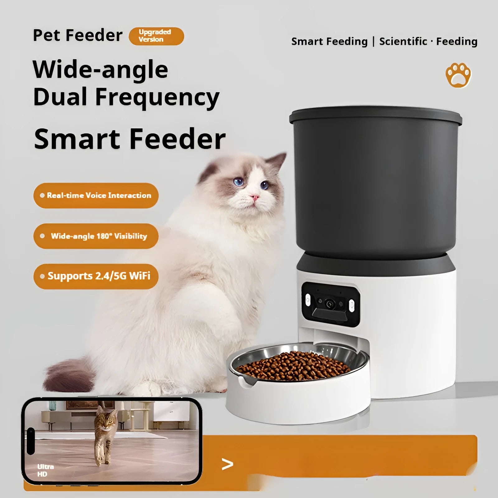 4L smart pet feeder with camera and stainless steel bowl