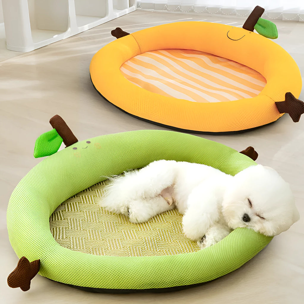 Fruit patterned pet nest with bear decoration and backrest in green or yellow colour