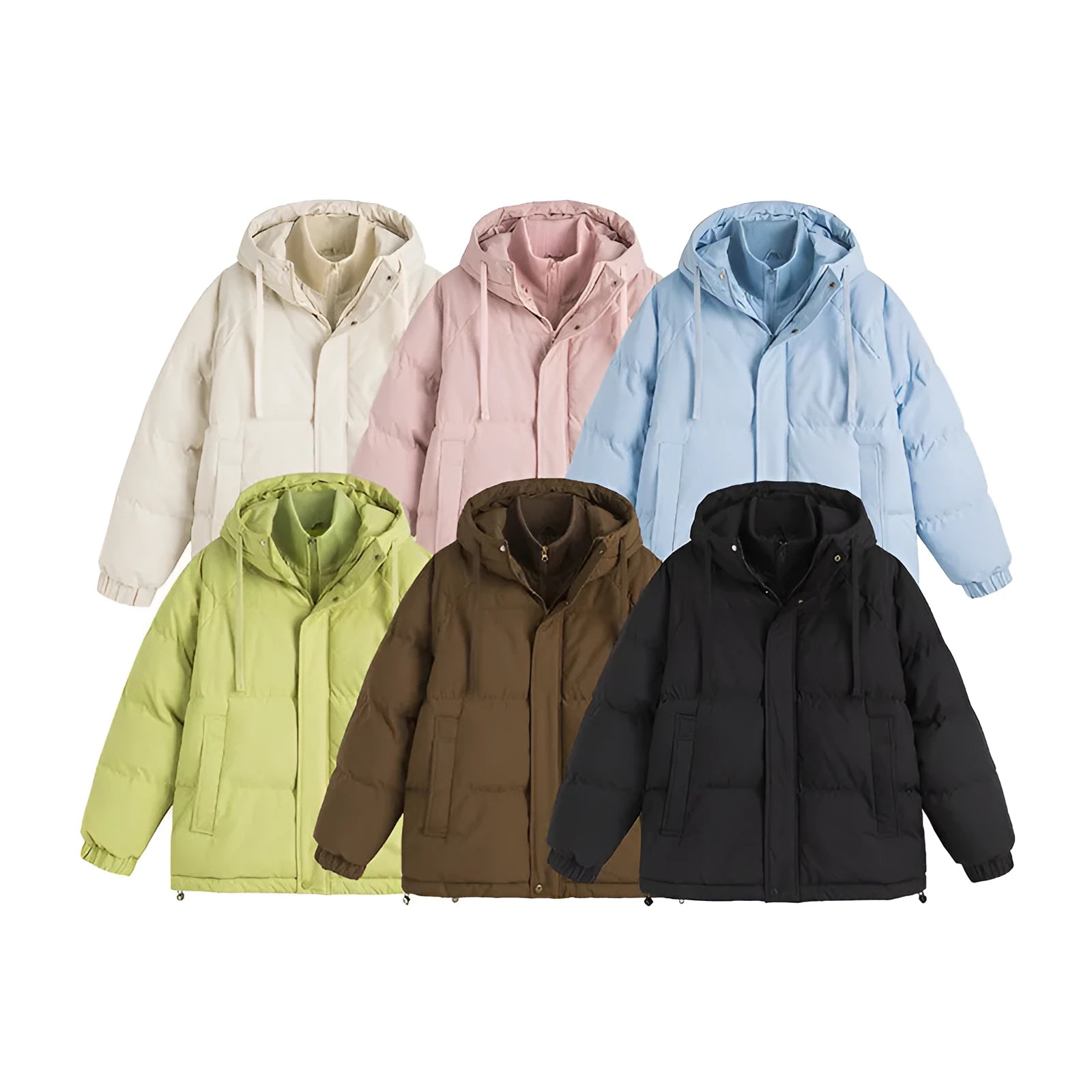 Loose fit winter coat in polyester with side seam pockets available in six solid colours
