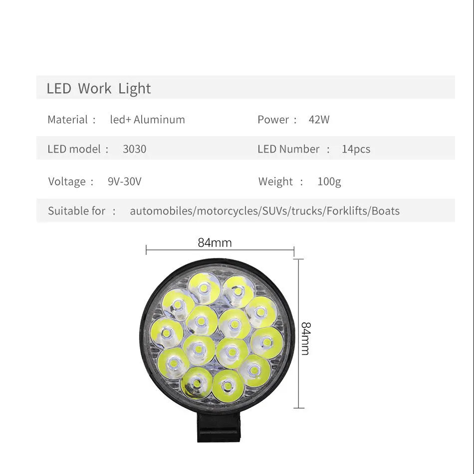 White aluminium LED work light with a round design, suitable for mounting on a vehicle.