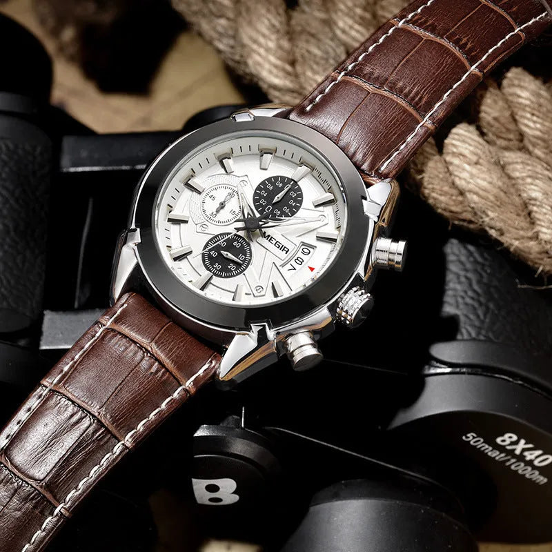 Men's multifunctional quartz watch with three subdials, six hands, luminous dial and waterproof case