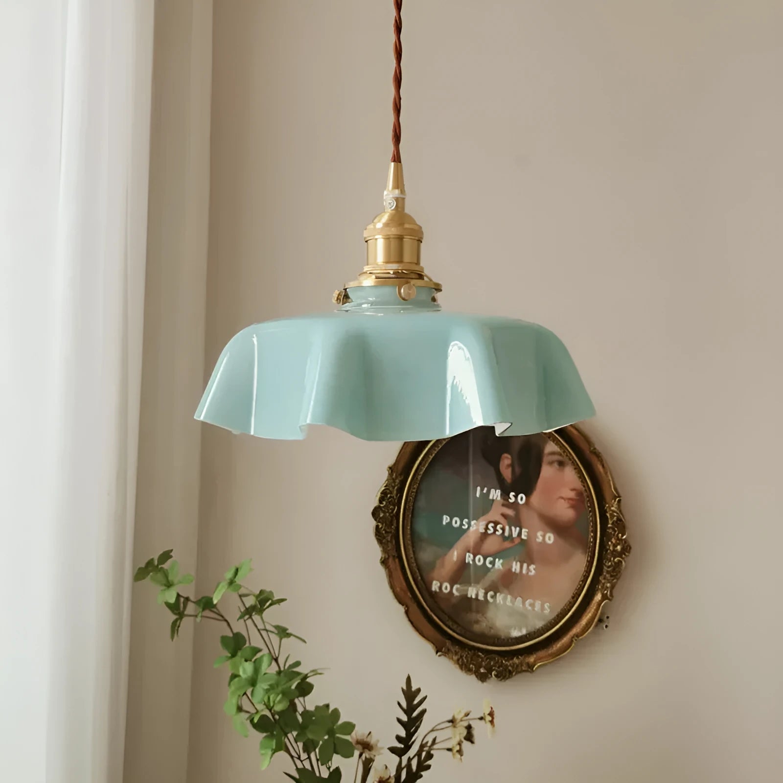 Medieval brass flower bud French chandelier with glass body and adjustable chain in light blue colour option