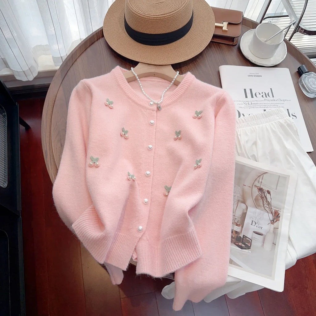 French sweet beaded cashmere sweater coat cardigan in slim fit, shown in blue colour.