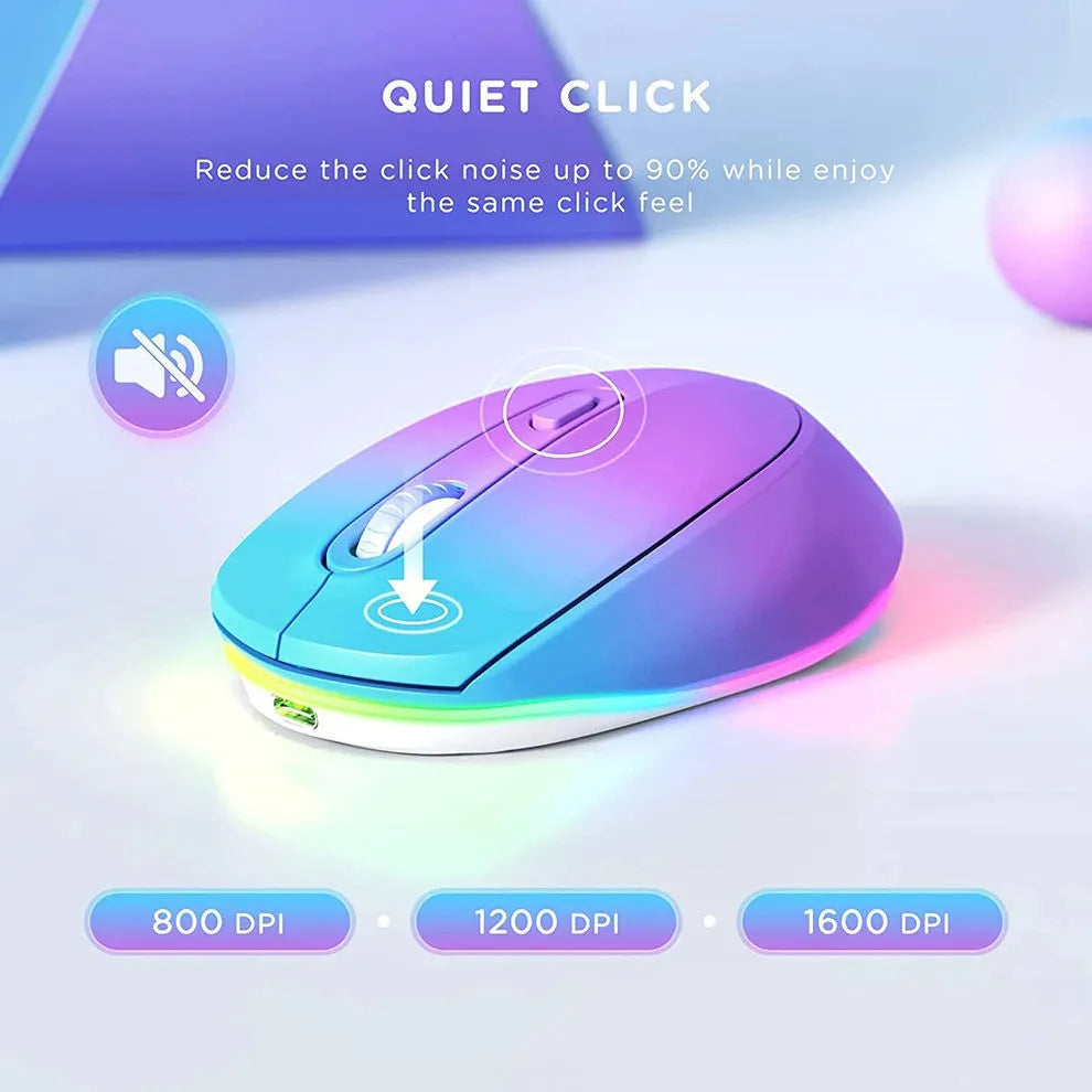 Compact 24g wireless ergonomic mouse with USB charging cable on a desk next to a laptop.