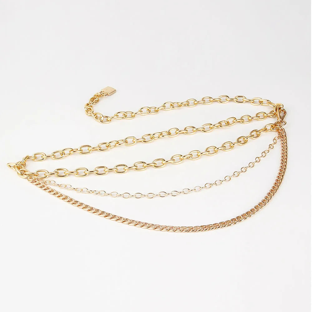 Multilayer alloy waist chain in golden and silver colours with electroplated finish, 70-100 cm adjustable