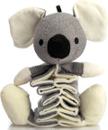 Grey koala-shaped dog chew toy measuring 30cm with plush limbs and crinkle paper inside.