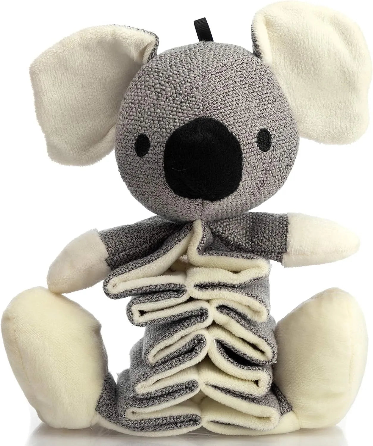Grey koala-shaped dog chew toy measuring 30cm with plush limbs and crinkle paper inside.