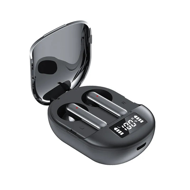Black and white wireless Bluetooth in-ear headset with digital display and compact charging case