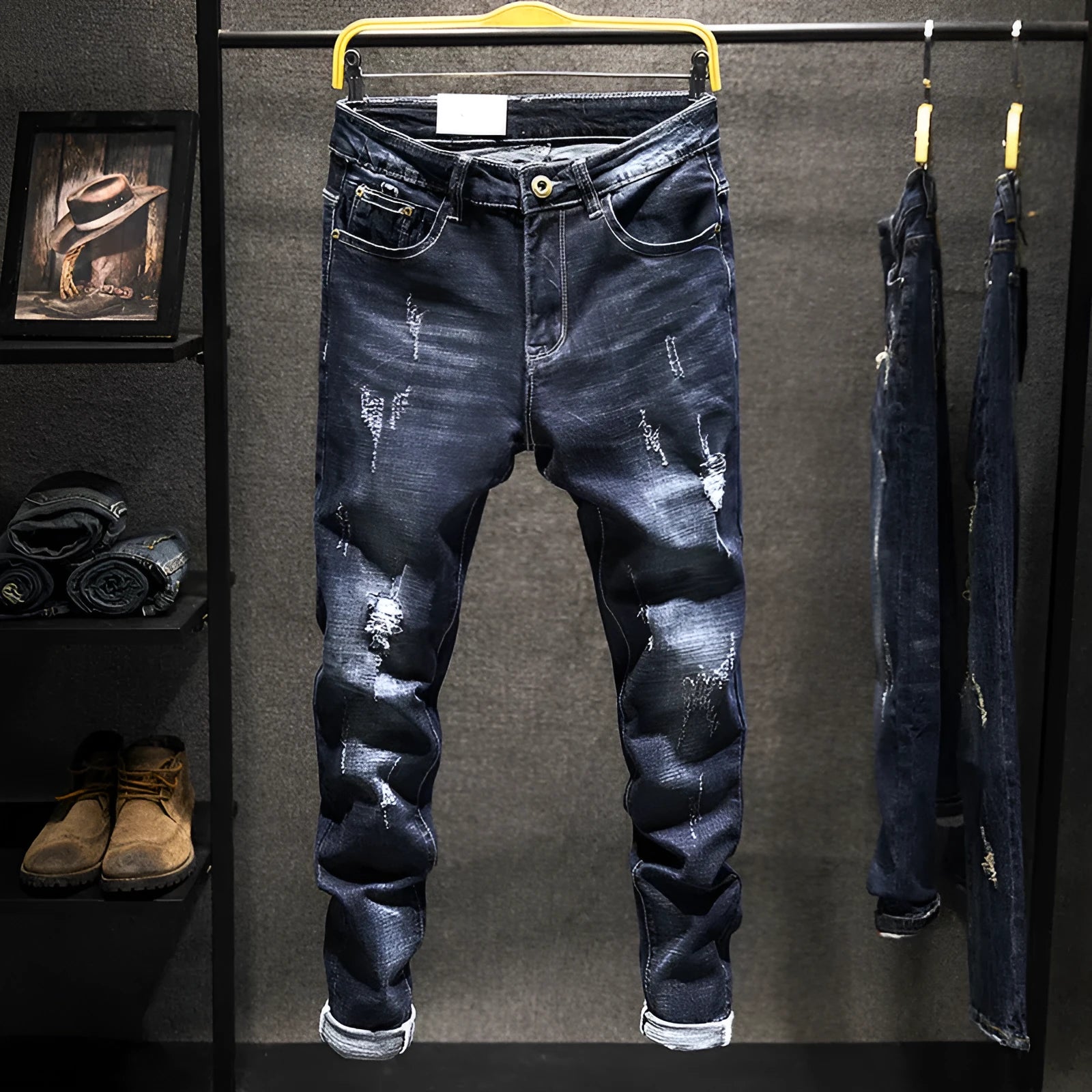 Men's slim-fit skinny jeans in dark blue and light blue denim options