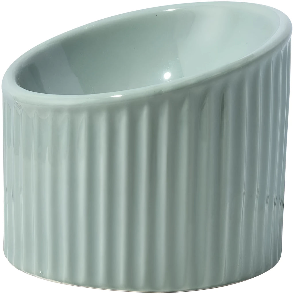 Round ceramic elevated cat bowl in green colour on a table