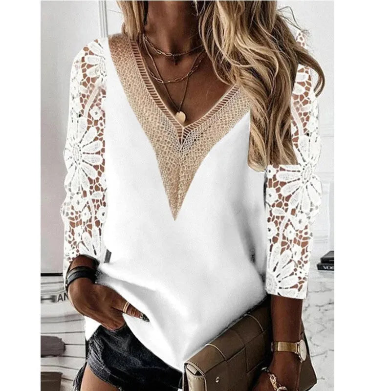 Women's v-neck nine-quarter sleeve chiffon shirt with lace splicing in gray, slim fit