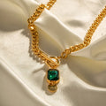 Gold colour titanium steel pendant necklace with emerald zircon and Cuban link chain in French retro style