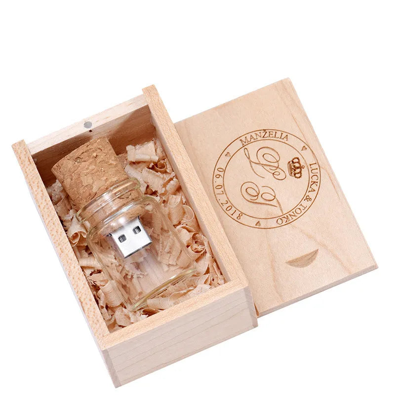 Chocolate brown wooden drift bottle shaped USB flash drive with personalised lettering graphic customisation