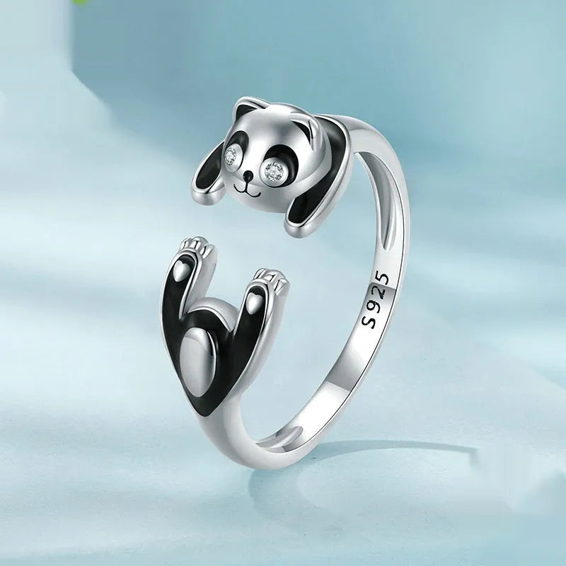 Sterling silver adjustable ring bracelet with panda animal design and white gold plating
