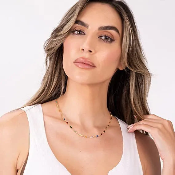 Ladies geometric crystal necklace with alloy chain and random colour glass bead pendant
