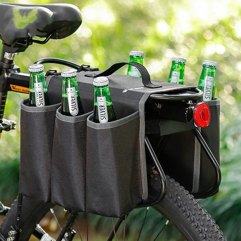 Black bicycle drink storage bag with anti-scratch shelf attached to bike frame