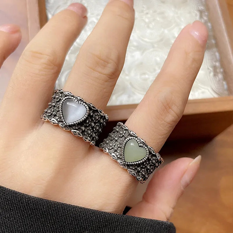 Retro wide-faced adjustable ring with heart shape and moon design in white copper plated silver