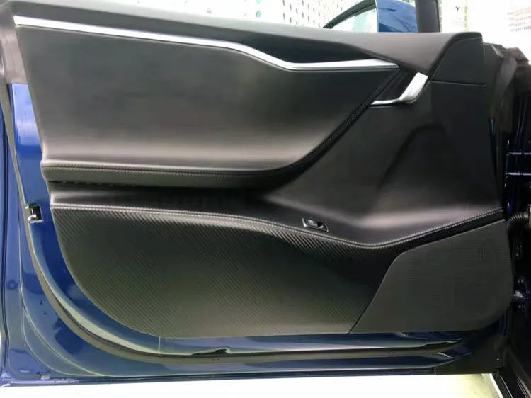 Carbon fibre protective film for Tesla Model S interior door panels showing control layout cutouts