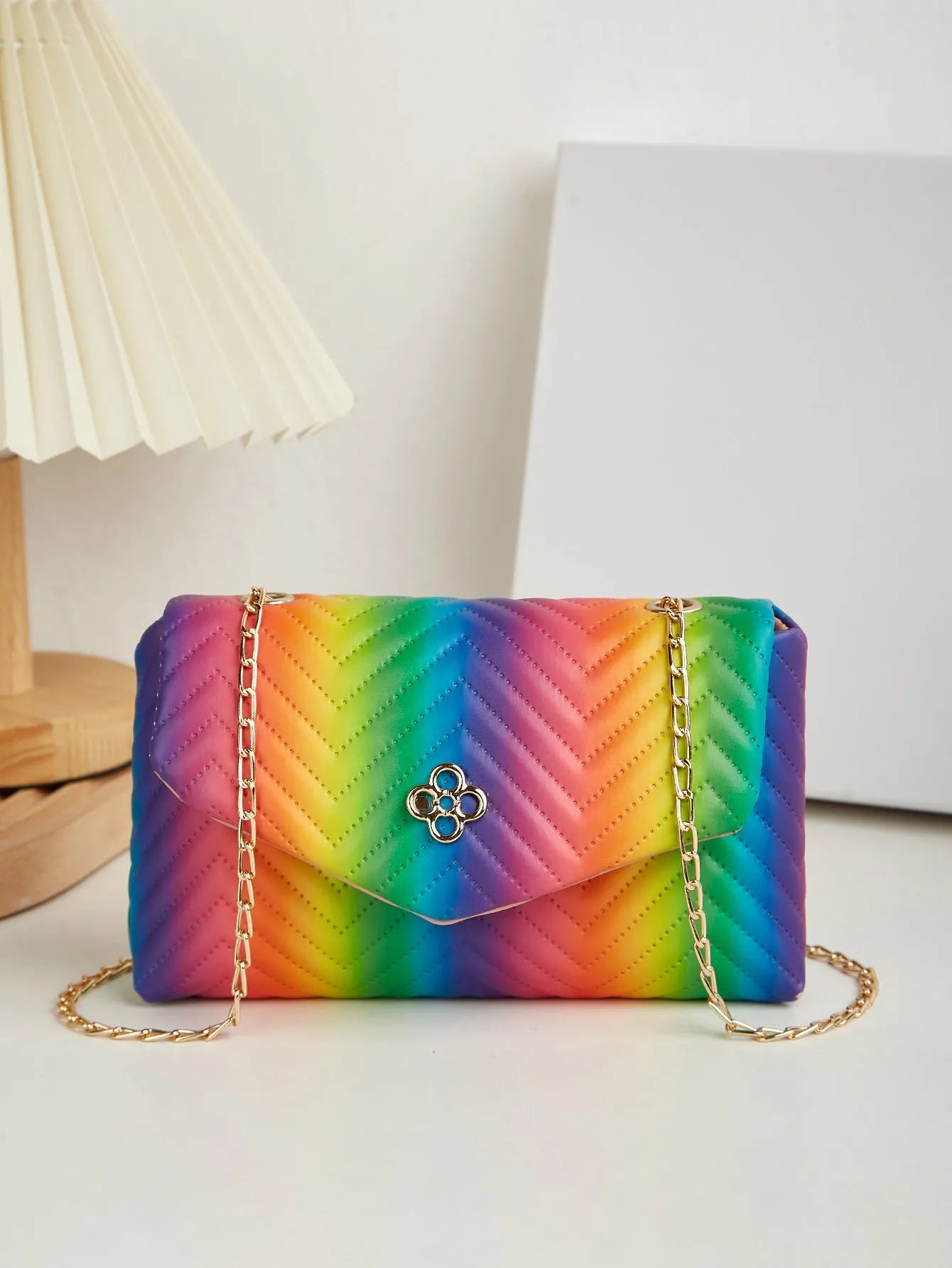Soft PU clamshell bag with contrast colour pattern and single shoulder strap