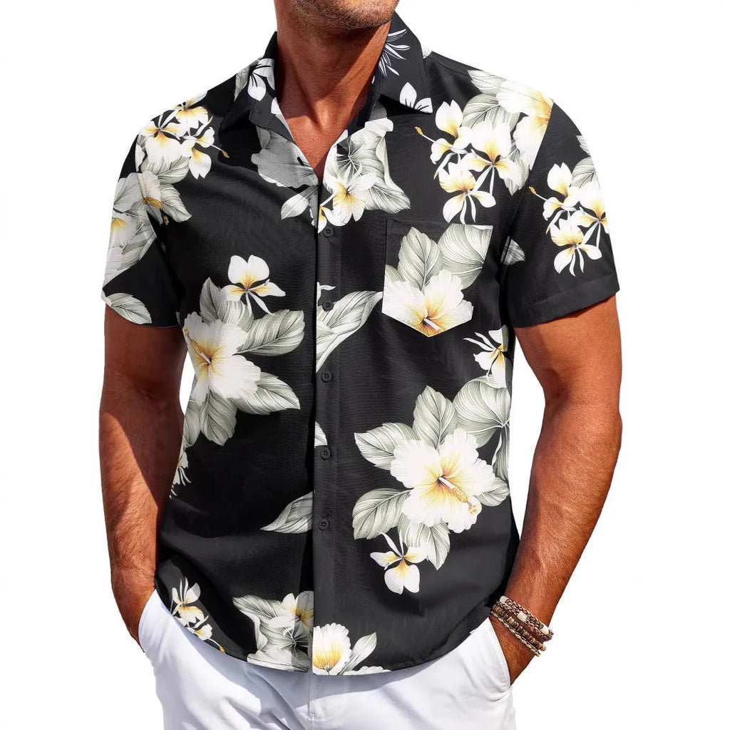 A man's slim-fit short-sleeve Hawaiian shirt in a cardigan style, available in multiple colours.