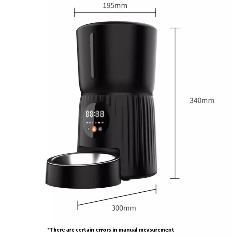Automatic pet feeder with timer display and food storage compartment in black colour