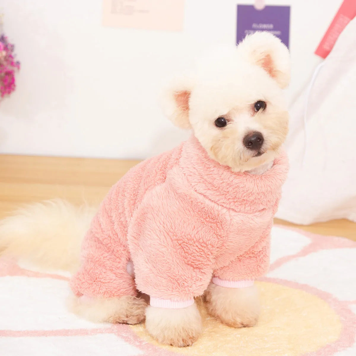 Four-legged thick plush dog clothing with high collar in blue colour showing full coverage design
