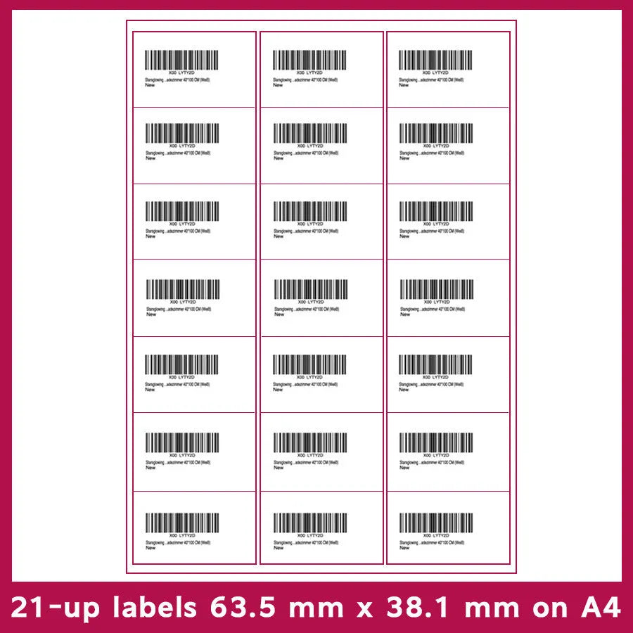 A4 FBA barcode label paper sheets showing ten different grid configurations for inventory labelling