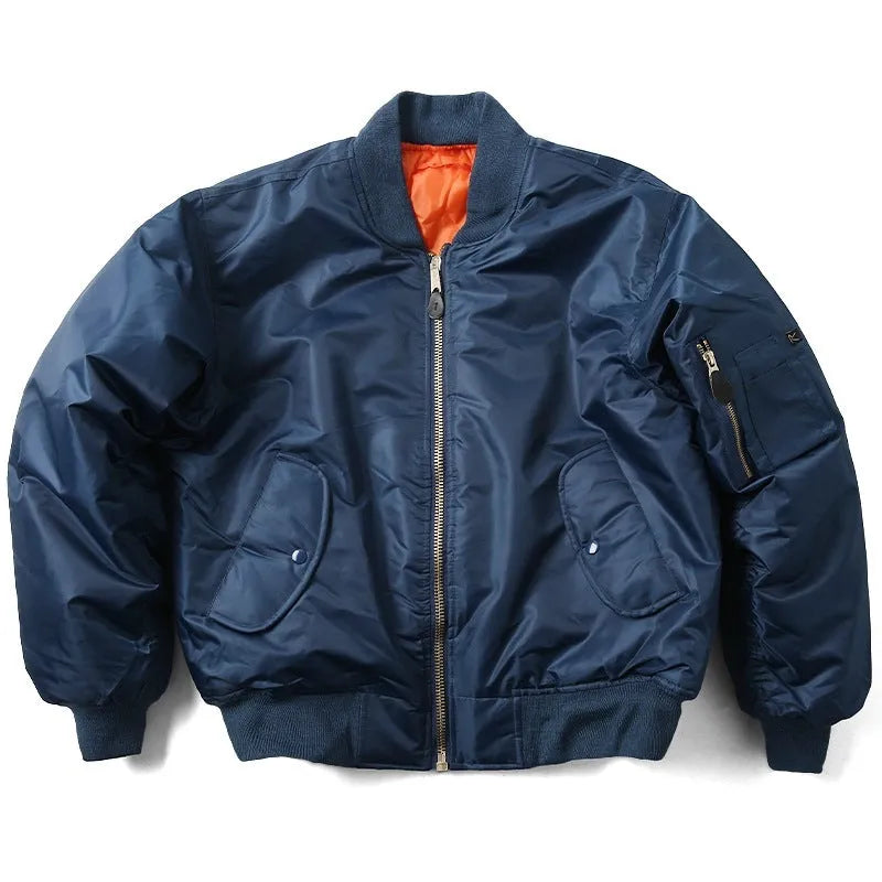 Men's loose fit nylon pilot jacket in army green, shown with cotton padding and double-sided wear-resistant construction.