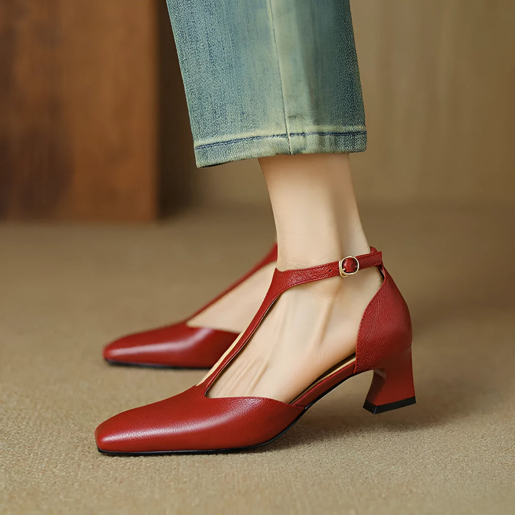 Wine red women's high heels with square toe, chunky heel, buckle fastening, and sheepskin leather upper.