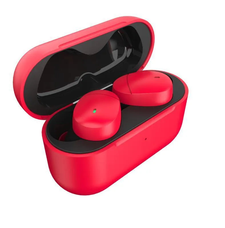 Flame red Qualcomm TWS 3040 wireless Bluetooth headset with earplug design and charging cable