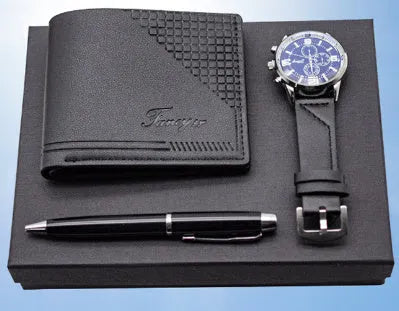 Creative holiday gift set showing wallet, pen, and watch in elegant gift box in black or brown colour