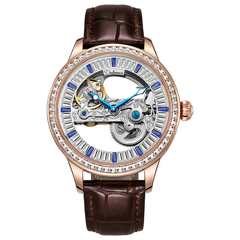 Men's zircon waterproof mechanical watch with transparent case back and multiple strap options